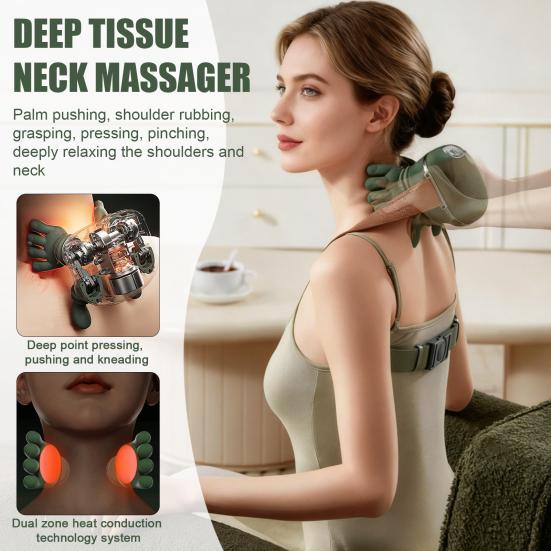 Bionický masážní přístroj na krk, ramena a záda, hloubková tkáň, úleva od bolesti, svalová relaxace, 3D hnětení, bezdrátový elektrický vyhřívaný shiatsu masážní přístroj
