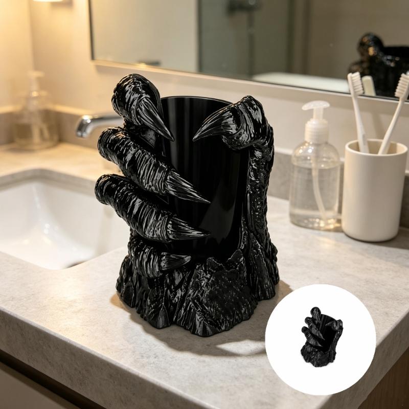 Black Beverage Rest for Desk and Party Table Use, Dark Fantasy Cup Stand with Center Space and Creature Styled Form for Indoor Display