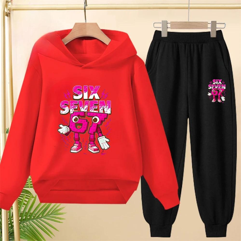 Children From 3 To 12 Years Old 67 Printed Hooded Sweatshirt and Black Top and Pants Suit, Suitable for Girls and Boys