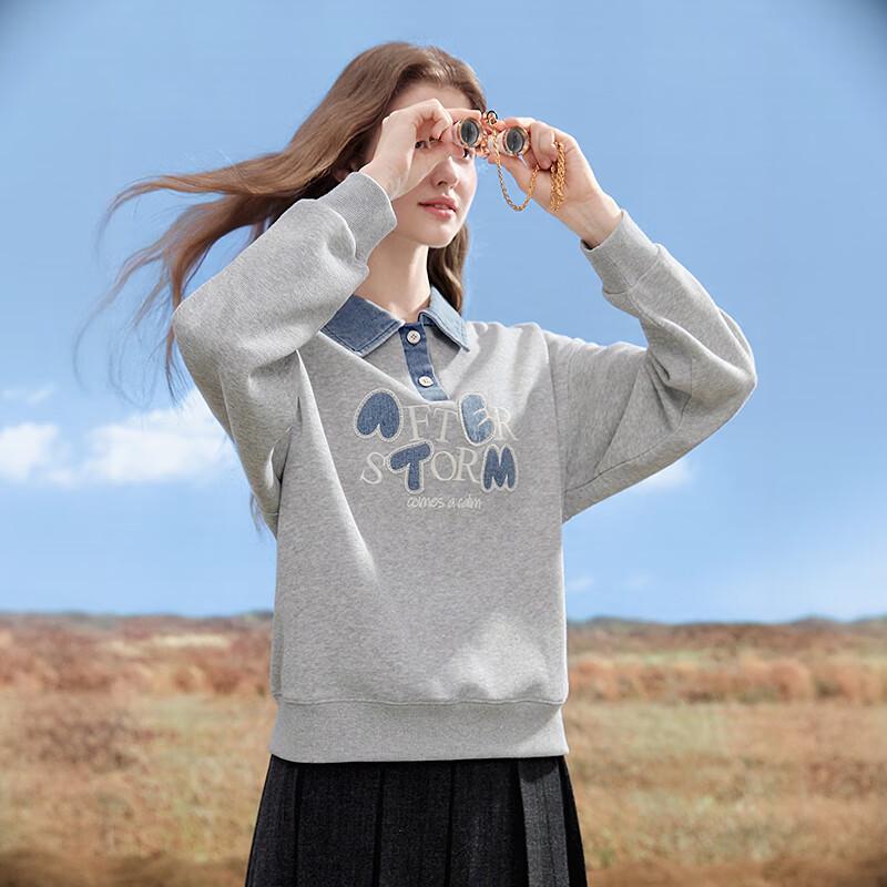 BETU Women's 2025 Autumn Embroidered Denim Patchwork Sweatshirt