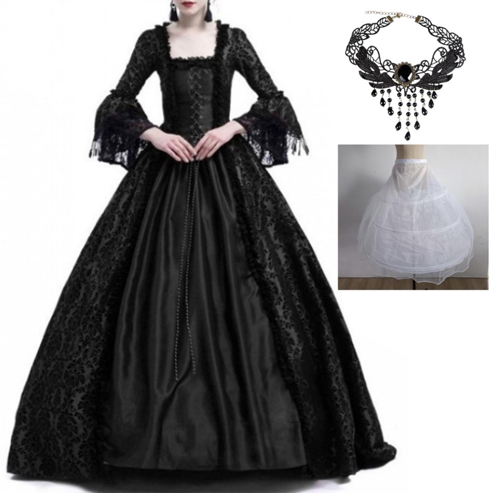 Women S Retro Long Dress Snecklace Fashion Long Sleeve Cosplay Gothic Dress With Skirt Support Queen Palace Medieval Costume S чёрный