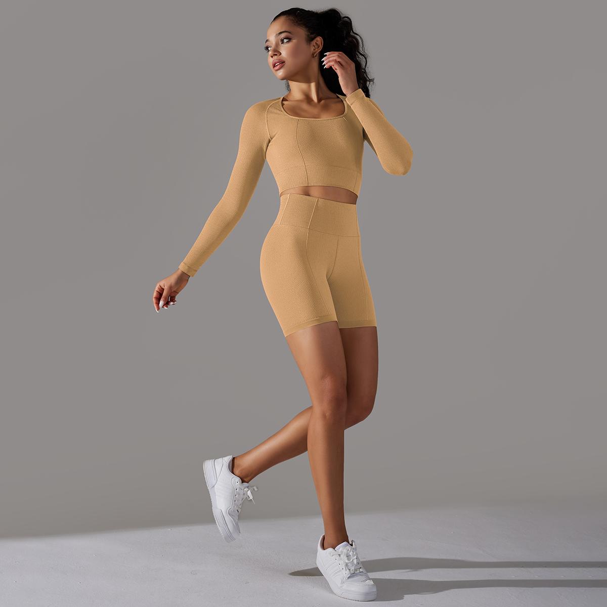 

Nessaj летние женские комплекты для йоги и фитнеса с длинными рукавами, вязаные рубашки для тренировок, байкерские шорты, спортивный спортивный костюм, костюм L