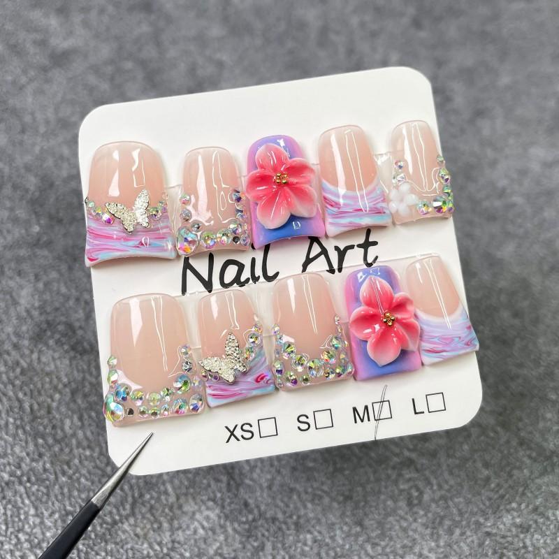 Short Duckbill Press-On Nails With 3D Floral Relief Design Icy Transparent Glitter Acrylic Tips Women