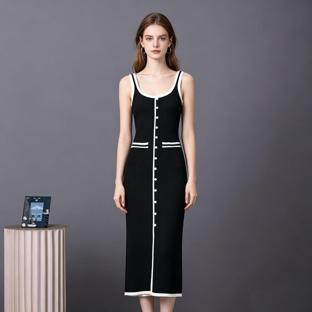 New Russian European and American Women's Vest-style Dress Contrasting Colors Single-row Multi-button Slit Long Knitted Dress