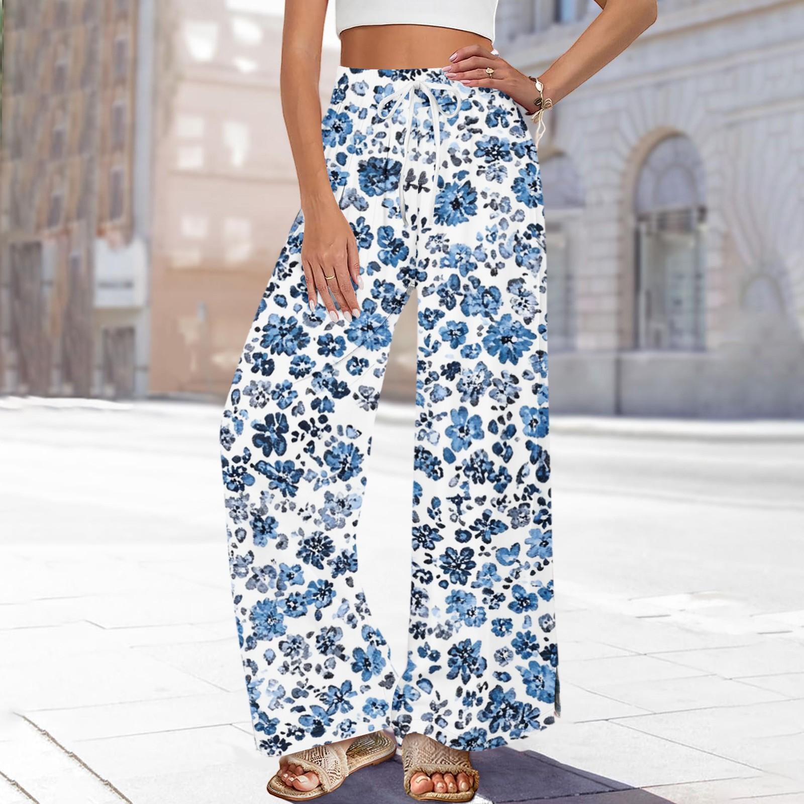 

Жіночі штани з принтом з широкими штанинами з кишенями, з високою посадкою, на кулісці, вільні повсякденні штани XXL синій