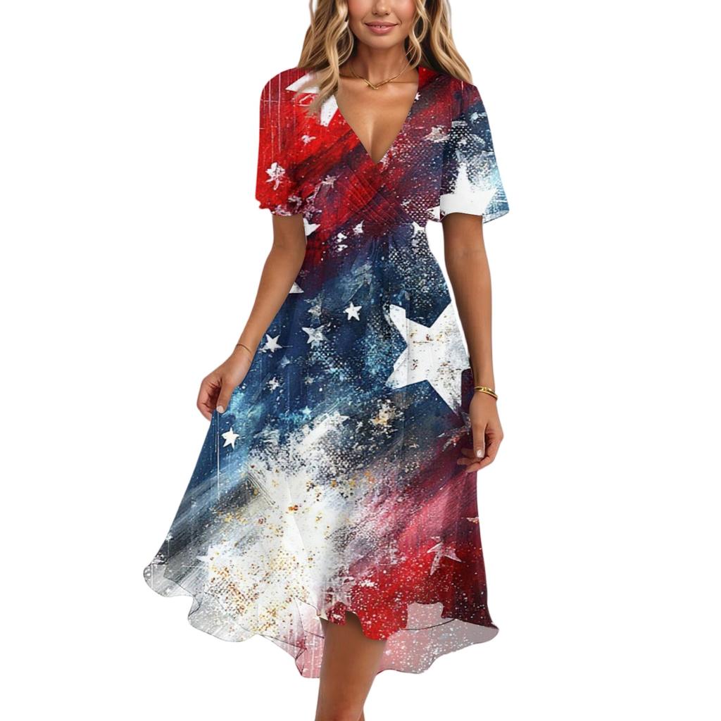 Women's Fashionable Casual V-neck Short-sleeved Independence Day Printed Dress