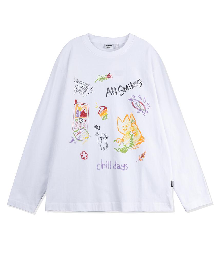WACKY WILLY Kiki Multi-Graphic Long Sleeve T-Shirt White