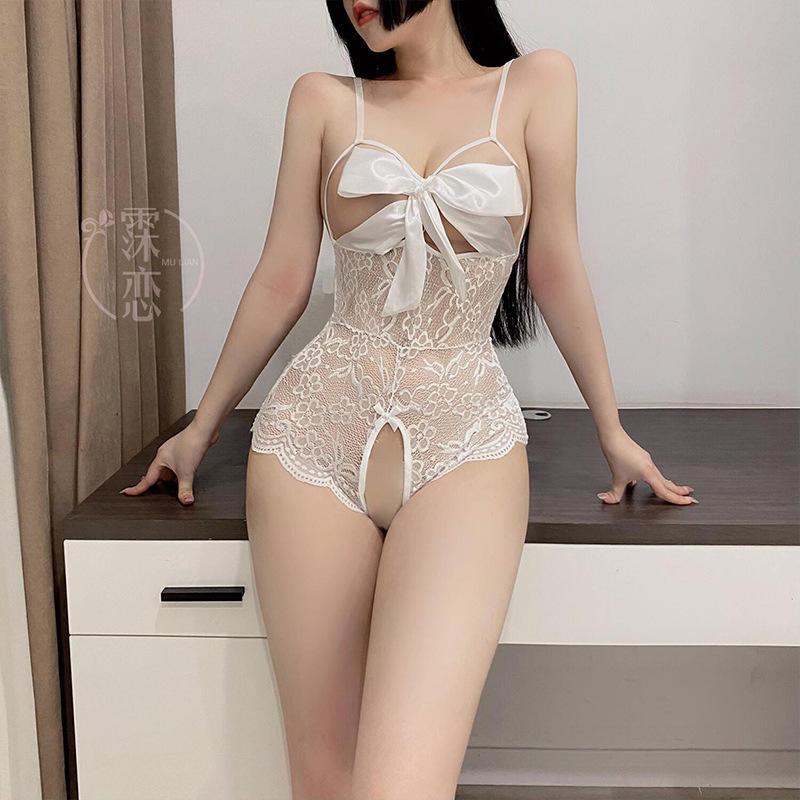 Sex Underwear Set Perspective Lace Sexy Underwear Breast Bow One-piece Suspender Open Crotch Sex Clothing