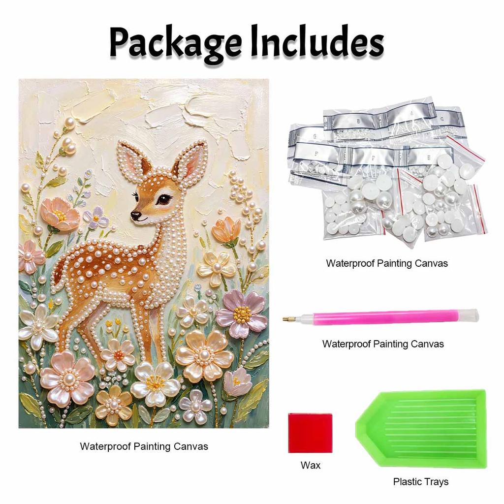 DIY Frameless Pearl Painting Kit Cute Deer Flower 3D Shiny Bead Art Canvas Relaxing Creative Craft for Home Wall Decor Gift