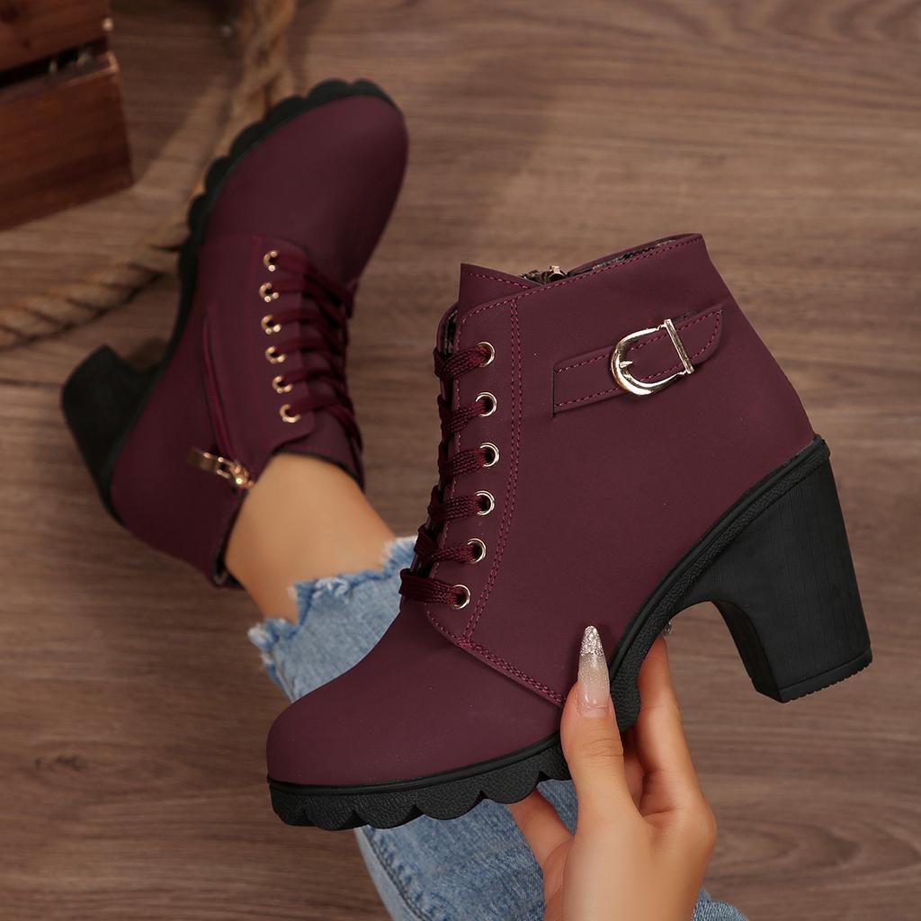 Foreign Trade Thick Heel Short Boots Round Head Lace-up and Bare Boots New High Heel Side Zipper Martin Boots Women's Single Boots Belt Buckle