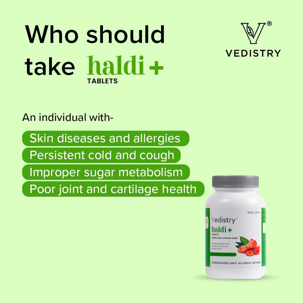 Vedistry Ayurvedic Haldi+ Tablets for Clear Skin, Immunity, Joint Care & Wellness – 60 Tablets X Pack of 2