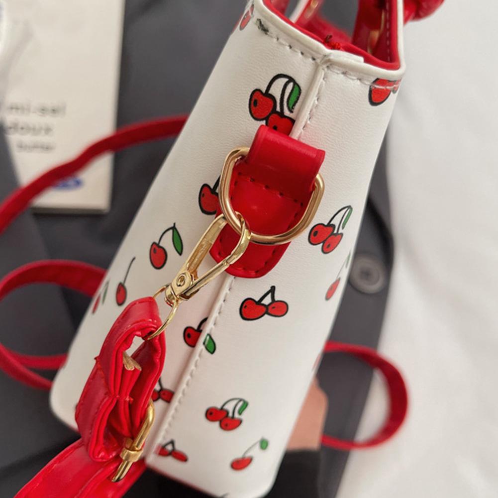 Leather Bucket Cherry Printed Crossbody Bag for Women Girls Stylish Small Tote Handbag Zipper Satchel Bag with Adjustable Strap