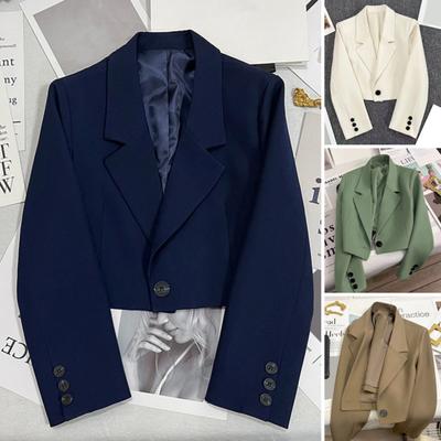Veste de costume courte à manches longues et revers pour femme, couleur unie, style décontracté, pour le travail, le bureau, tenue quotidienne