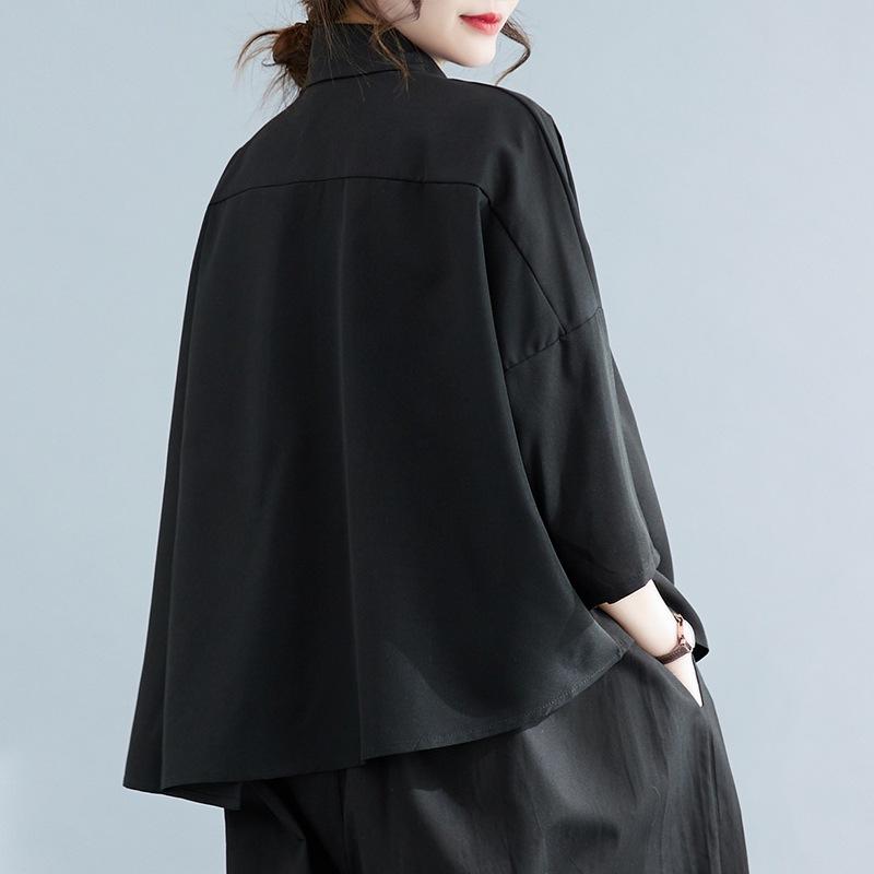 Women's Loose Long Sleeved Shirt with Personality Design Mid Length Asymmetrical Shirt Black Top