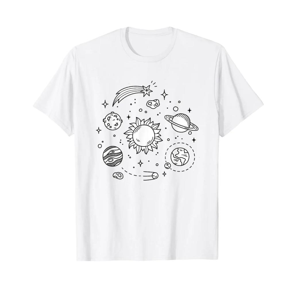 Solar System T Shirt for Girls Women vintage Washed Casual fashion Top For Everyday Wear Unisex Slightly homme Comfortable