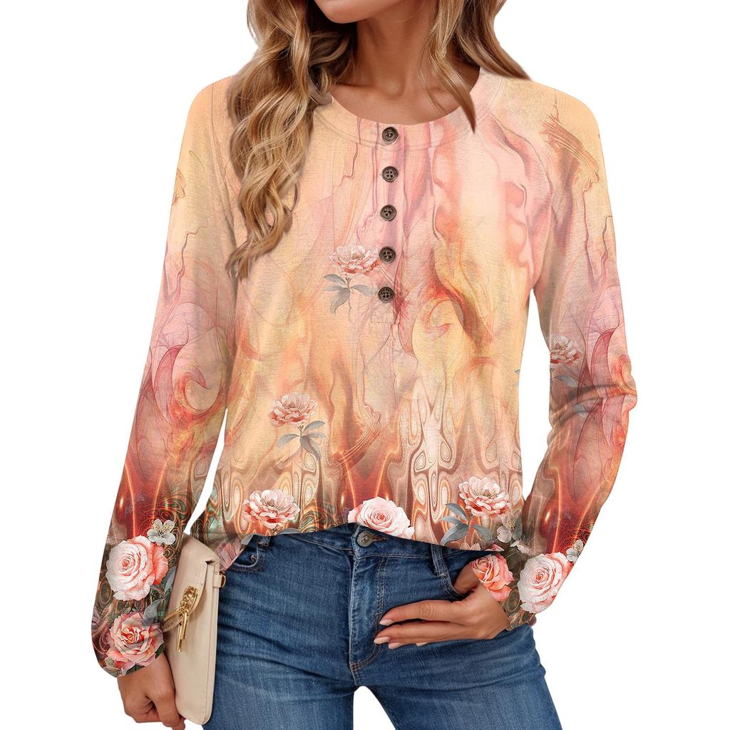 Women's Fashionable Vintage Floral Print Round Neck Long-sleeved Top
