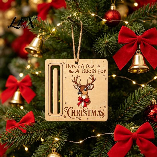 Personalized Cash Gift Tags Rustic Santa Reindeer Money Holder Ornament, Wooden Card Reusable Holiday Clip with Slot, Christmas Tree Hanging