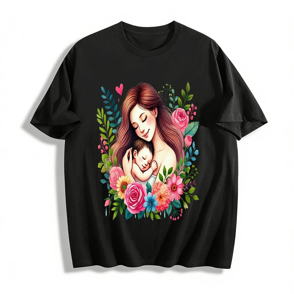 Floral Print Mother Holding Baby Family Matching Tops Pure cotton T-shirt XXS