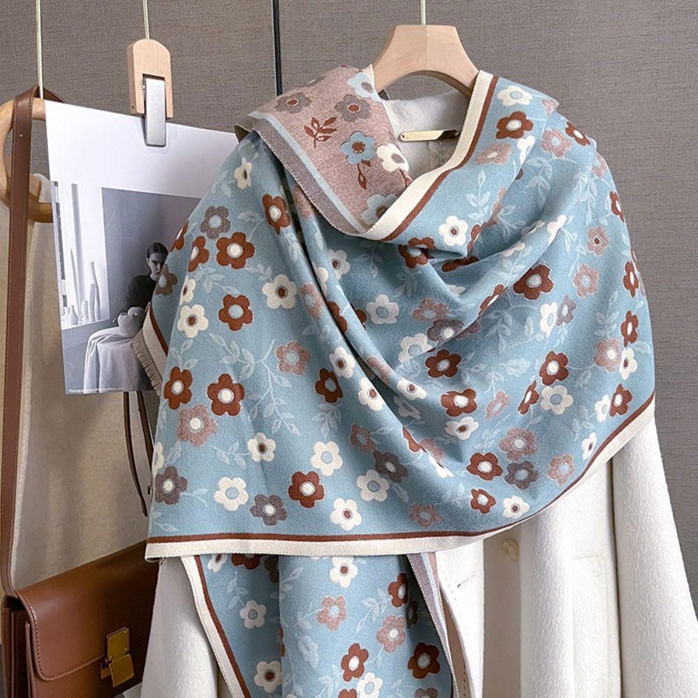 Flower Plaid Knitted Scarf Korean Style Floral Print Scarf Trendy Winter Cashmere Shawl  Lady