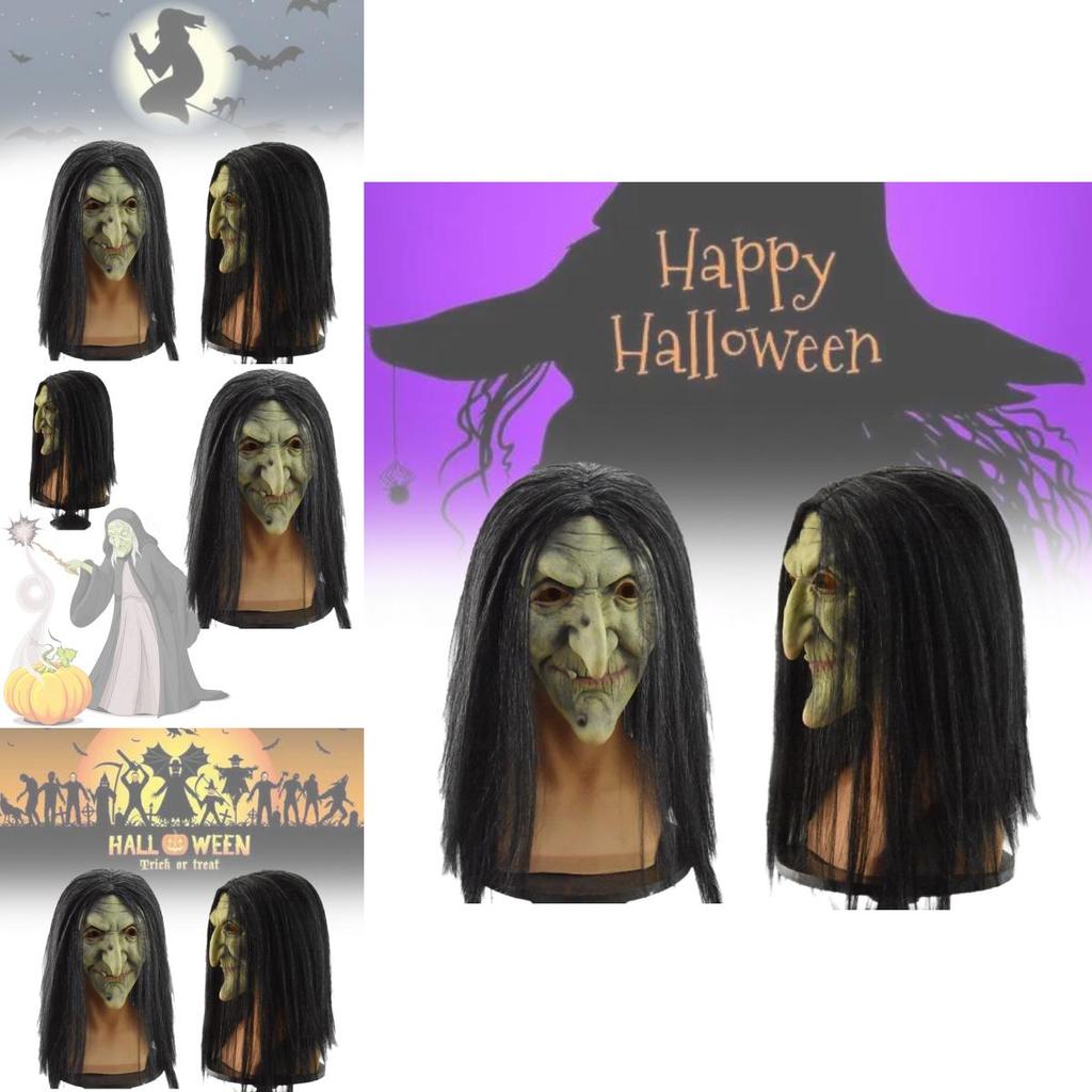 Classic Evil Witch Latex Mask For Halloween Party Costume With Scary Black Hair