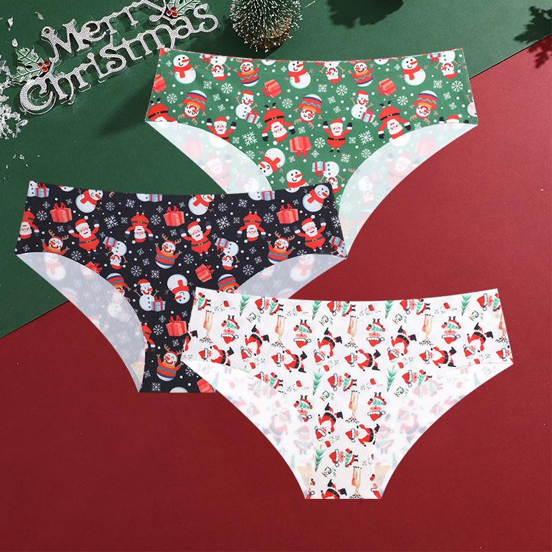 

FINETOO 3 шт. рождественские трусики со снежинками и Санта-Клаусом, сексуальное дышащее женское нижнее белье, стринги с низкой талией, рождественские трусики XS&Set
