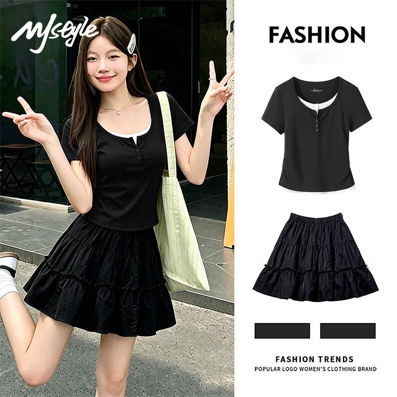 Women s Sweet Short Sleeve Fake Two-Piece Skirt Set M