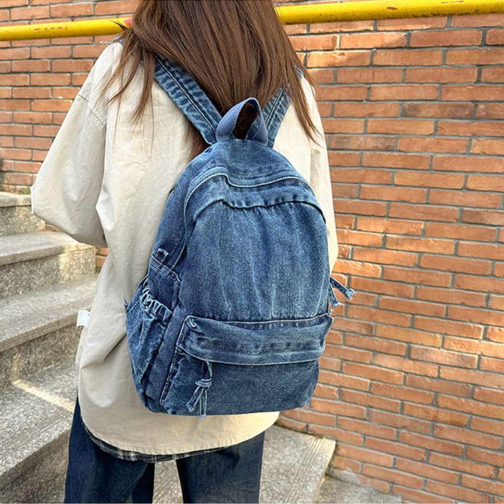 Japanese Style Denim Backpack Street Style Solid Crossbody Bag Portable Vintage Handbag Travel
