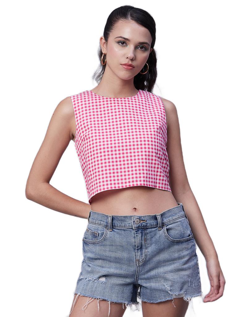 Moomaya Women  s Printed Sleeveless Cotton Short Top, Round Neck Blouse Crop Top, Buttoned