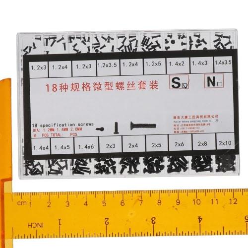 Mini Screw Assortment Kit, 18 Types of M1.2 / M1.4 / M2.0 Mini Micro Screws, Black Round & Countersunk Head Repair Screws for Sunglasses, Eyeglasses,