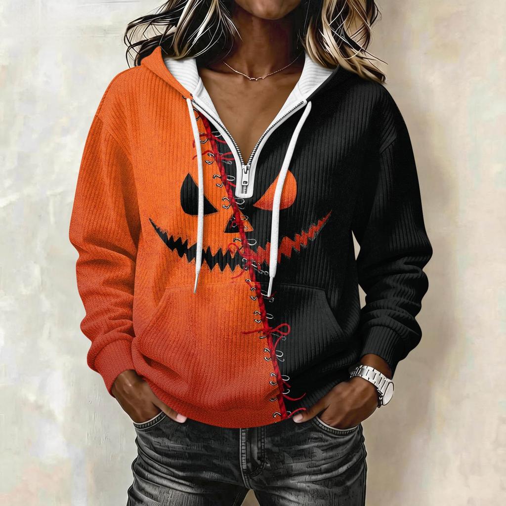 Women's Halloween Printed Long Sleeve Hoodie Drawstring Pullover Sweatshirt