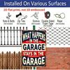 2D Flat Rustic 'What Happens in The Garage Stays in The Garage' Metal Sign, 8.0x12.0inch, Vintage Wall Decor, Durable Aluminium Plaque for Home, Bar