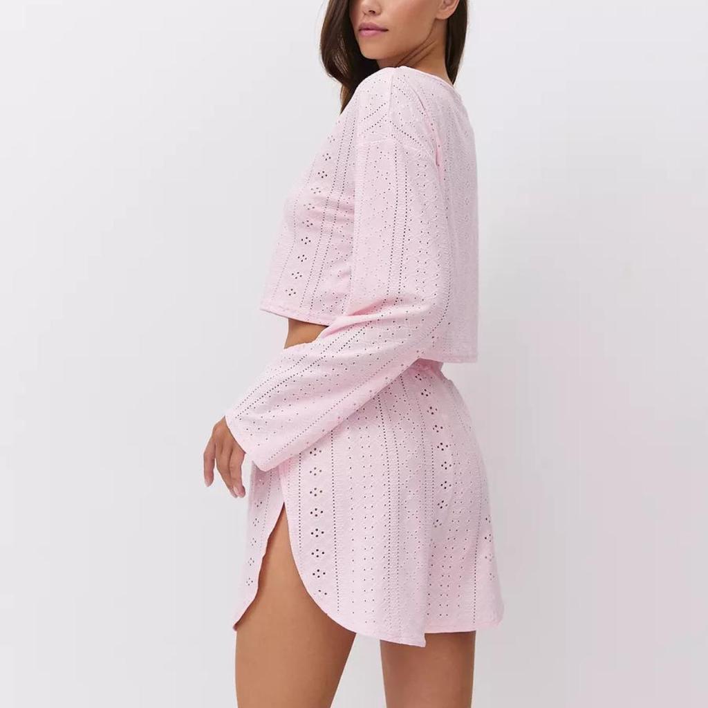 New TEMU Hot-Selling Women's Jacquard Pajama Set - Long Sleeve, High Waist Shorts, Round Neck