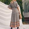 Summer Vacation Bohemian Dress Ethnic Style Patchwork A Line Maxi Dress Elastic Waist V Neck Short Sleeves Women Beach Dress Printing