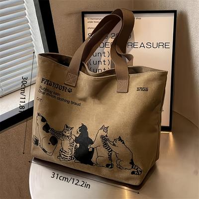 Geantă Tote Elegantă cu Ilustrație de Pisică pentru Femei, Capacitate Mare, Închidere cu Fermoar, Geantă de Mână pentru Ieșiri Casual Zilnice, Geantă de Umăr Durabilă, Accesoriu de Călătorie