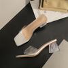 Cool Slippers Women's Summer Outer Wear Fashion 2025 New Square Head One-word Drag Transparent Crystal Heel Thick Heel High Heel Sandals