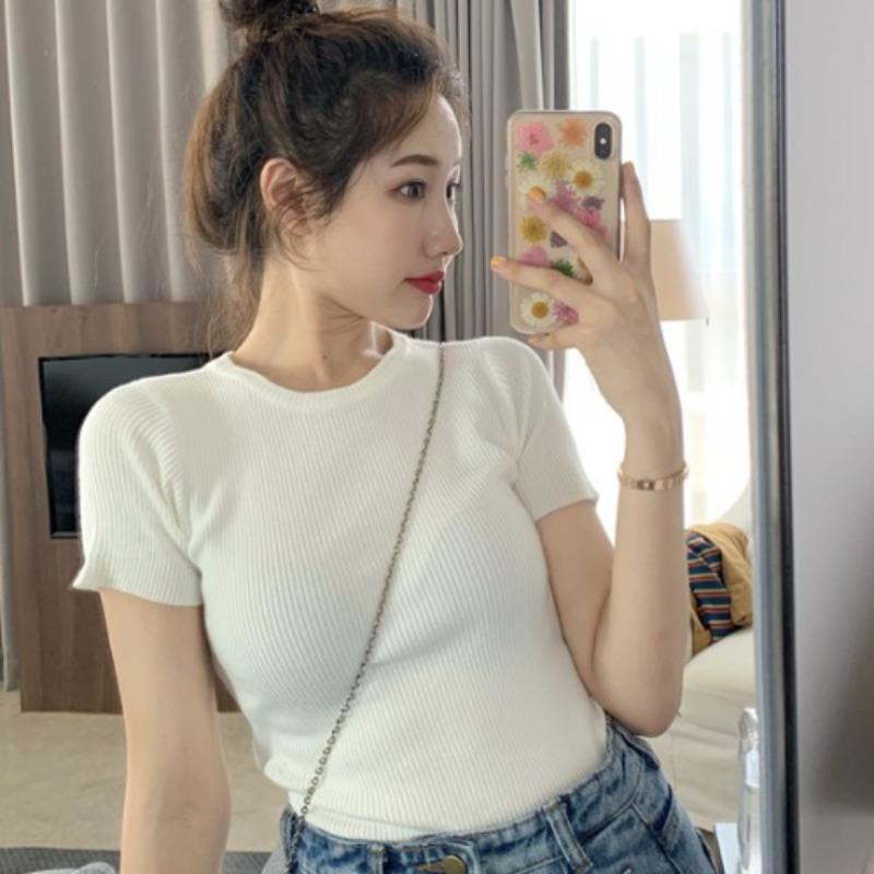 Fashion Avocado Green Short-sleeved T-shirt Female Spring and Summer Slim Tops Tight Knit Shirt Thin Wind Casual Essential Slim Fit Pullovers Tees