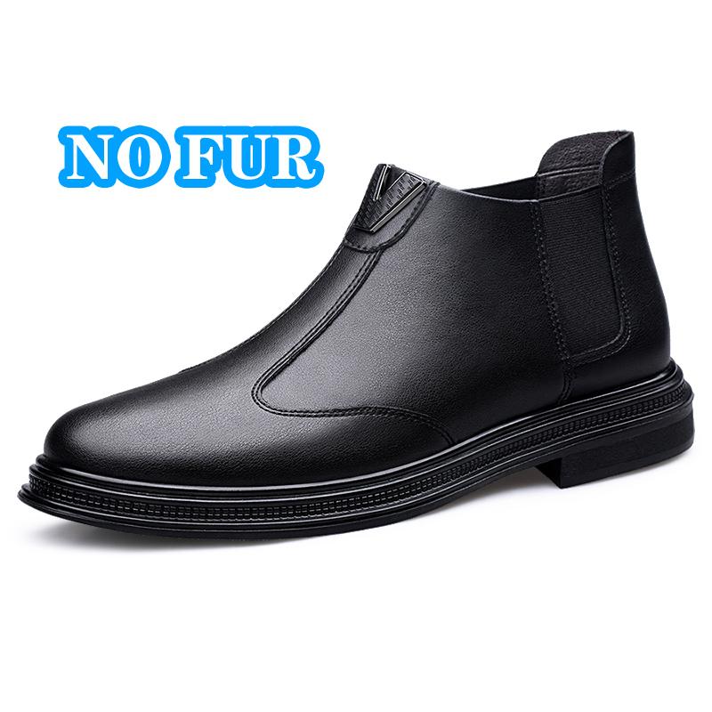 FashionGenuine Leather Men's Chelsea Boots Comfort Slip on Ankle Boots Fashion Elegantes Business Footwear Warm Plush Fur Winter Botas