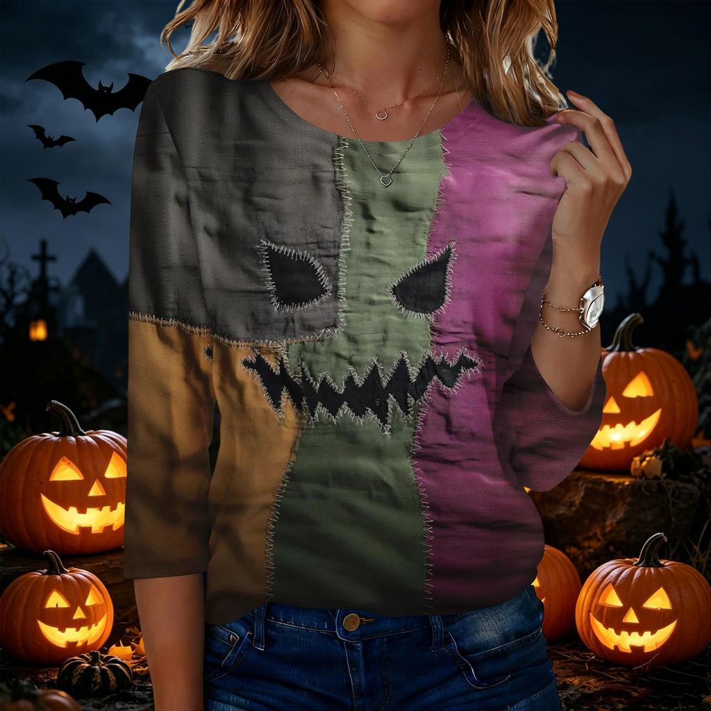 Women’s Casual Halloween Printed Crew Neck Three Quarter Sleeve T Shirt with House Pumpkin and Bat Design for Holiday Wear