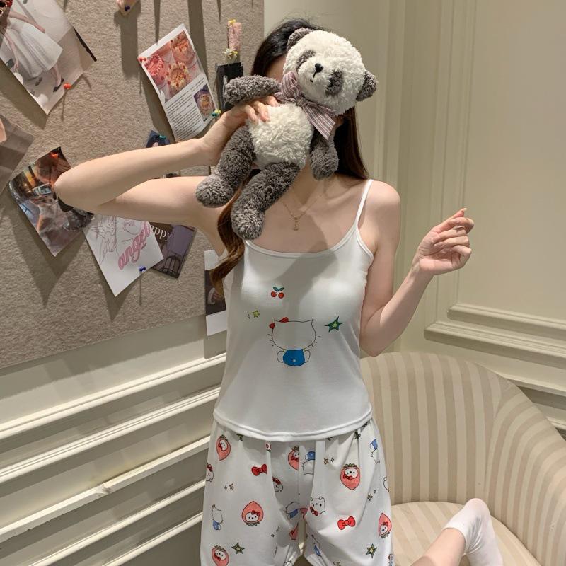 Women's Cartoon Camisole Tank Top Pajamas Set with Chest Pads - Summer Home Wear for Girls with Shorts