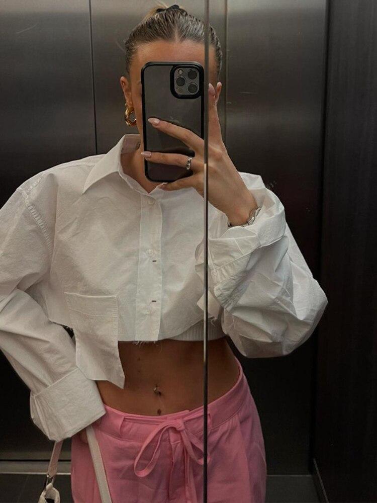 Autumn Fashion Chic White Women Blouse Sexy Lapel Long Sleeve Crop Shirts Lady Streettop Woman Blusas Clothing Pockets