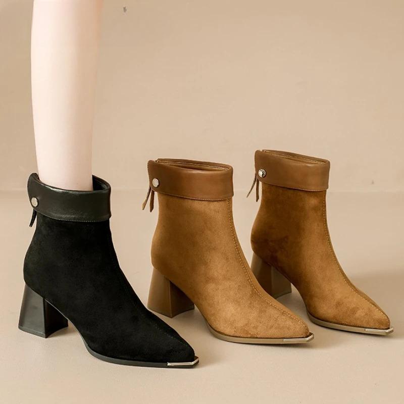 Autumn Winter Suede Square Heels  Women Ankle Boots Fashion Back Zippers Pointed Toe Shoes Modern Short Botas Para Mujer