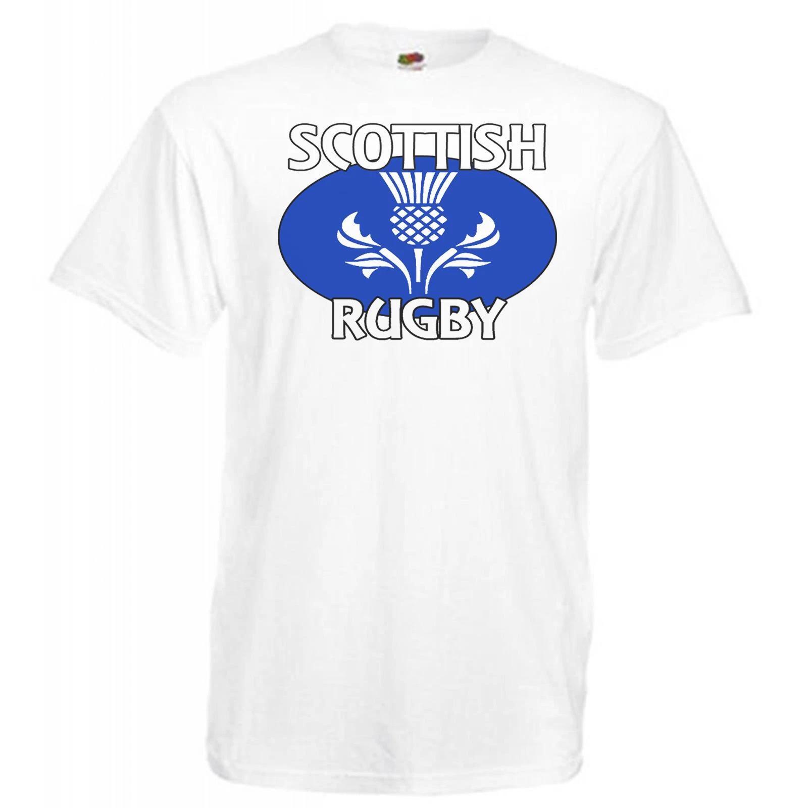 Unisex White Scottish Rugby 100% Cotton T-shirt Mens Tees Top Shirt Thistle Sport Scotland S