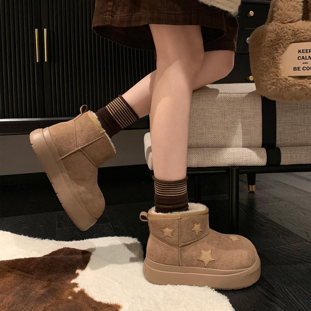 Women's Fashion Lightweight Height-enhancing Soft Sole Winter Warm Fur One Snow Boots Velvet Lined Non-slip Casual Sports Big Head Cotton Boots