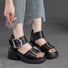 Johnature Genuine Leather Peep Toe High Heel Sandals Women Retro Comfortable Breathable Thick Sole Shoes