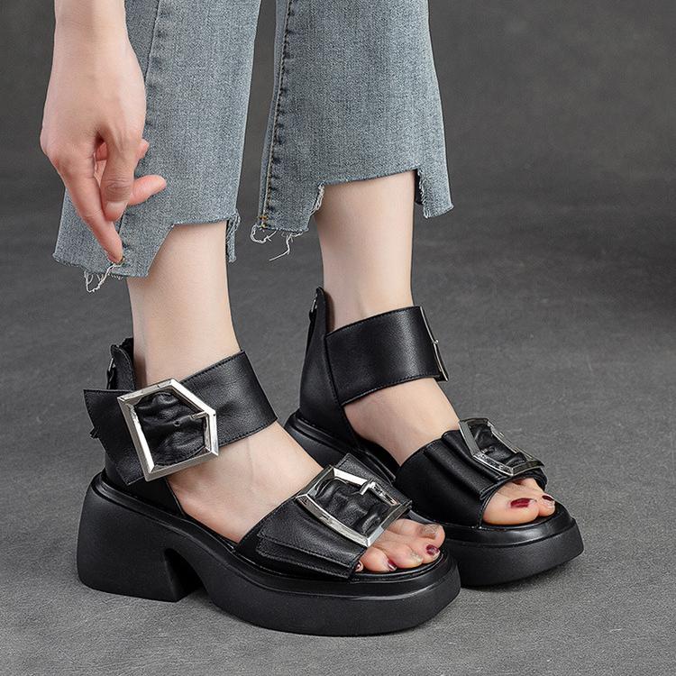 Johnature Genuine Leather Peep Toe High Heel Sandals Women Retro Comfortable Breathable Thick Sole Shoes