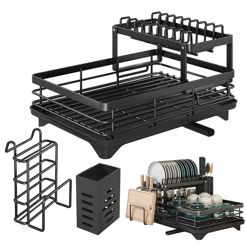 Carbon Steel Dish Rack with Drainboard, Sink Organizer, Dish Strainer Shelf for Kitchen Counter Storage