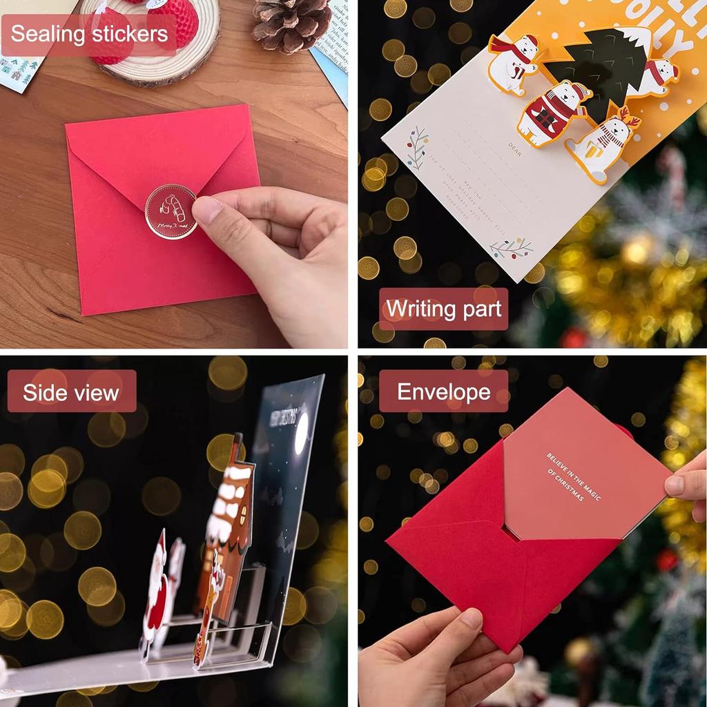 6 Pack 3D Christmas Cards Small Pop Up Christmas Gift Card with Envelopes Stickers Holiday Greeting Cards with Santa Snowman
