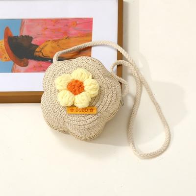 Joli Sac en Paille Fait Main Forme Fleur Sac Bandoulière Tressé Sac de Plage d'Été pour Enfants Filles