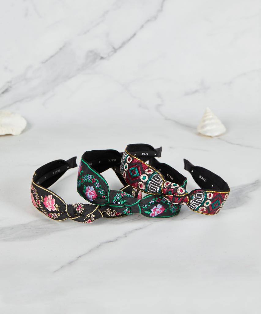 Maia Pearl Flower Jacquard Hairband A-Knot Type Green