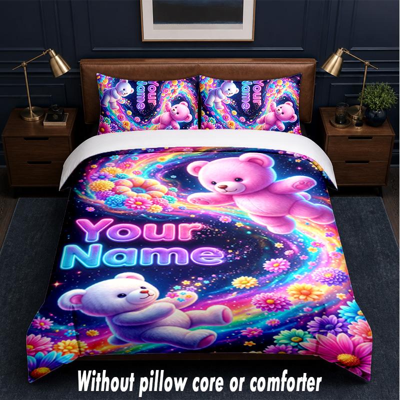 Teddy Bear Theme Custom Text Or Name 3Pcs Bedding Set,1 Flat Sheet & 2 Pillowcases Personalized Home Bedding